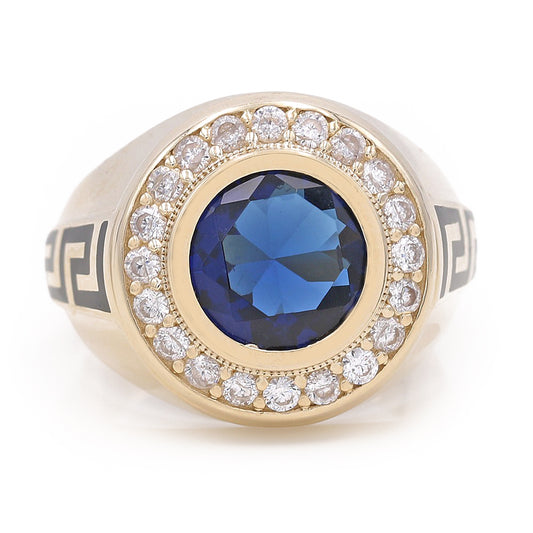 Blue Round Stone with Greek Pattern Ring