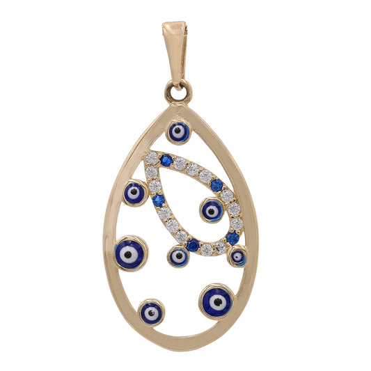 14K Yellow Gold Tear Drop Pendant with Color Stones and Cubic Zirconias