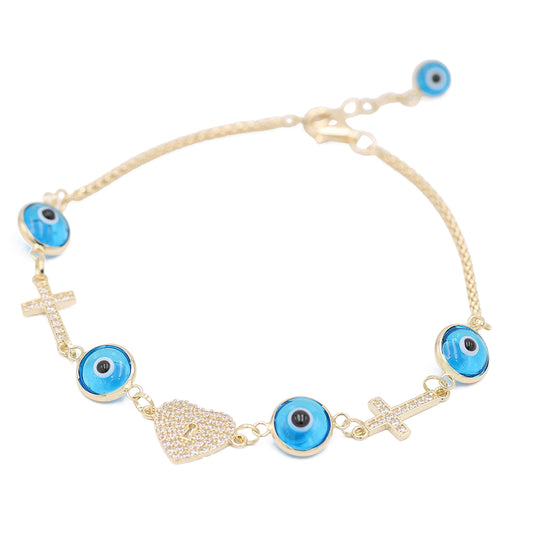 Evil Eyes, Crosses, and Lock Heart  Bracelet