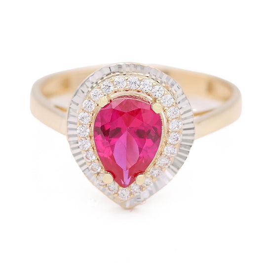 Fashion Ring with Pink Tear Drop Center Stone and Cubic Zirconias