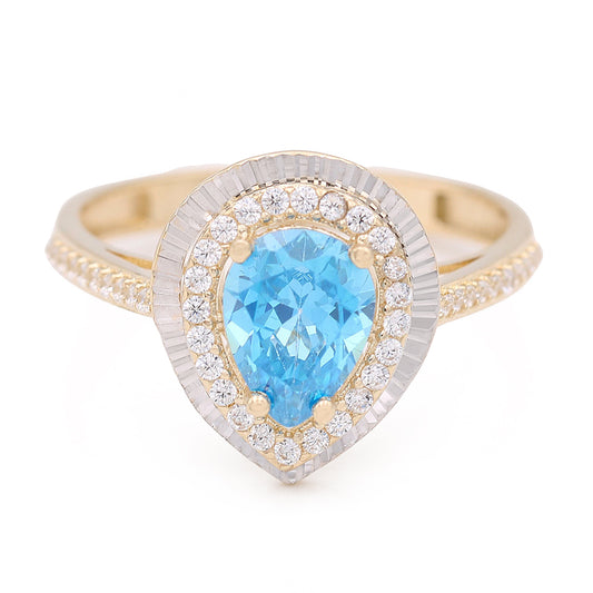 Fashion Ring with Blue Tear Drop Center Stone and Cubic Zirconias