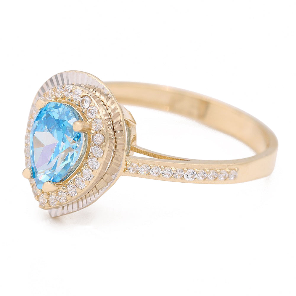 Fashion Ring with Blue Tear Drop Center Stone and Cubic Zirconias