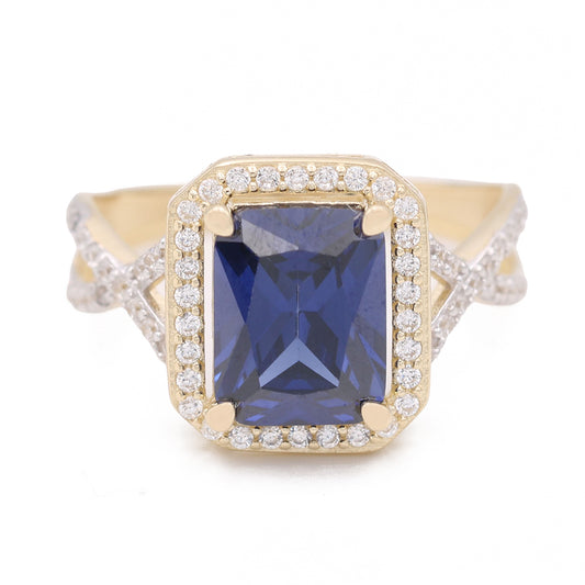 Fashion Ring with Blue Square Center Stone and Cubic Zirconias