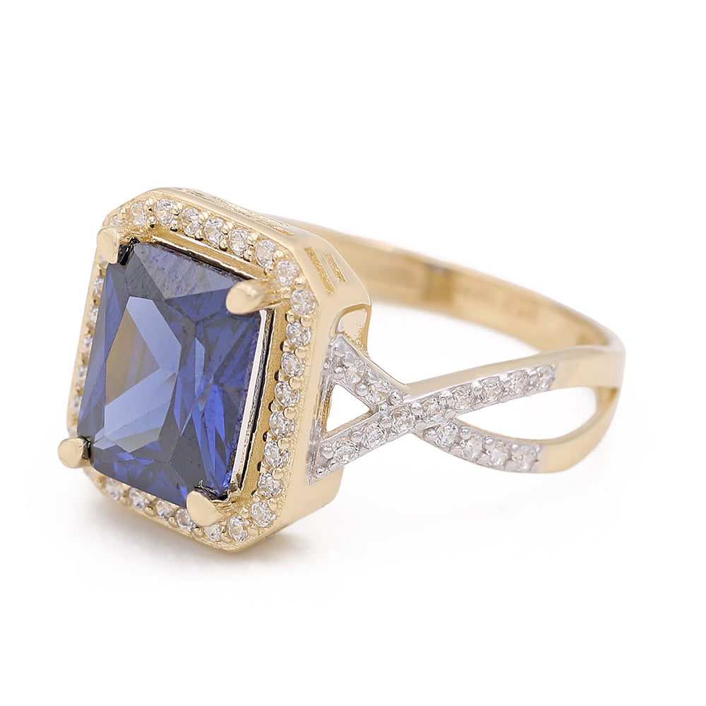 Fashion Ring with Blue Square Center Stone and Cubic Zirconias