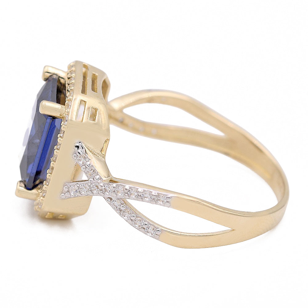 Fashion Ring with Blue Square Center Stone and Cubic Zirconias
