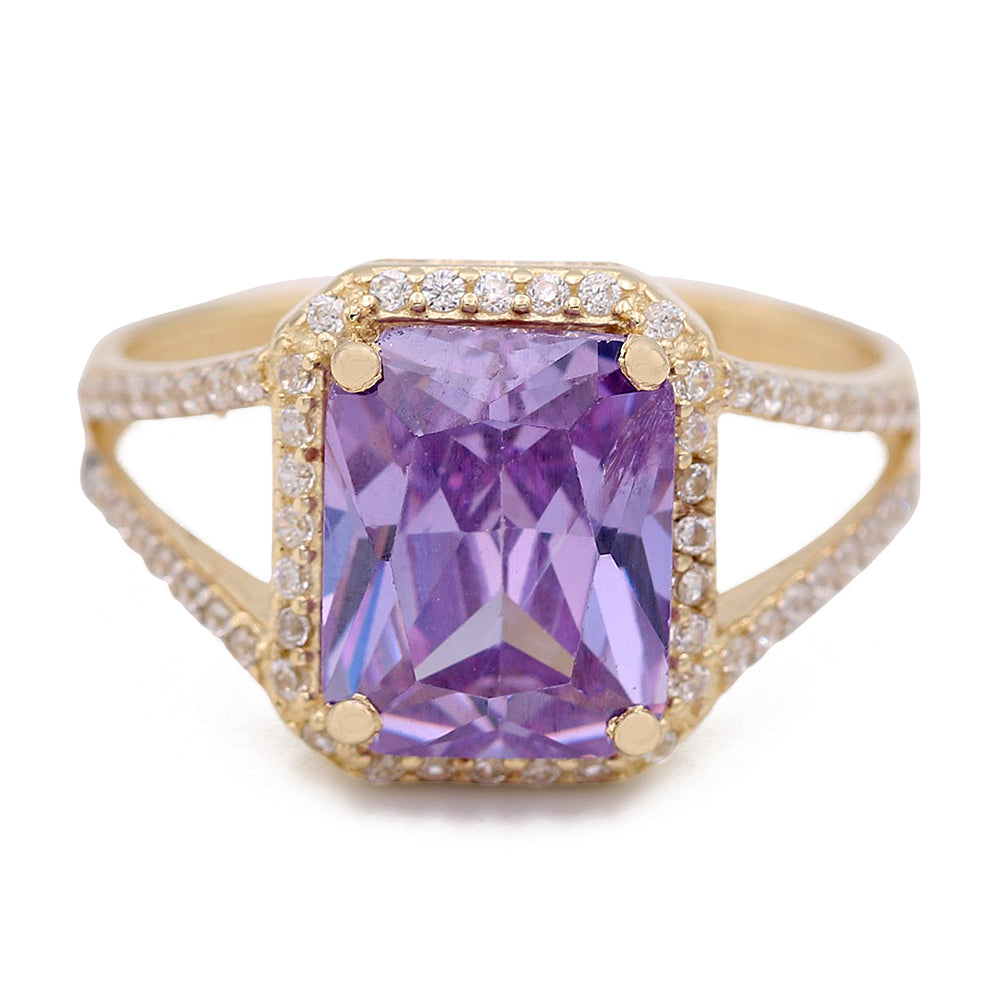 Fashion Ring with Purple Square Center Stone and Cubic Zirconias