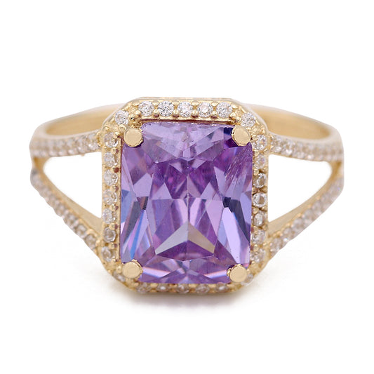 Fashion Ring with Purple Square Center Stone and Cubic Zirconias
