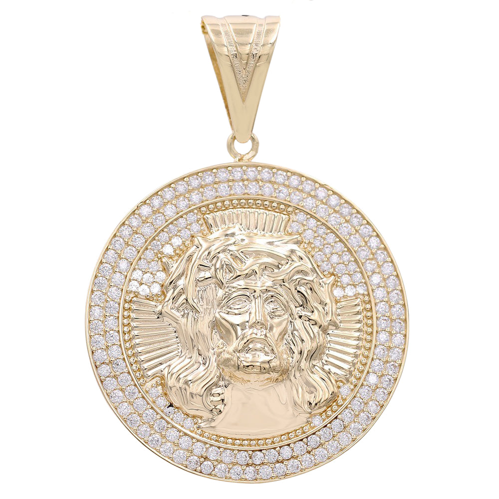 Jesus Face Round Pendant with Cubic Zirconias