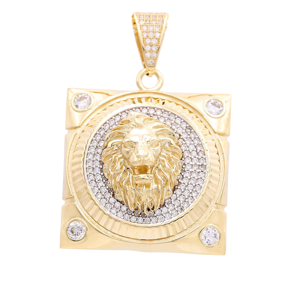 Lion Head Square Shape Pendant with Cubic Zirconias